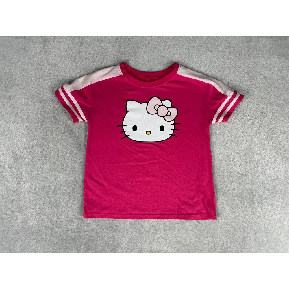 Sanrio Hello Kitty Jersey T Shirt Girl's 12 Crew Neck Pink Stripes Short Sleeve